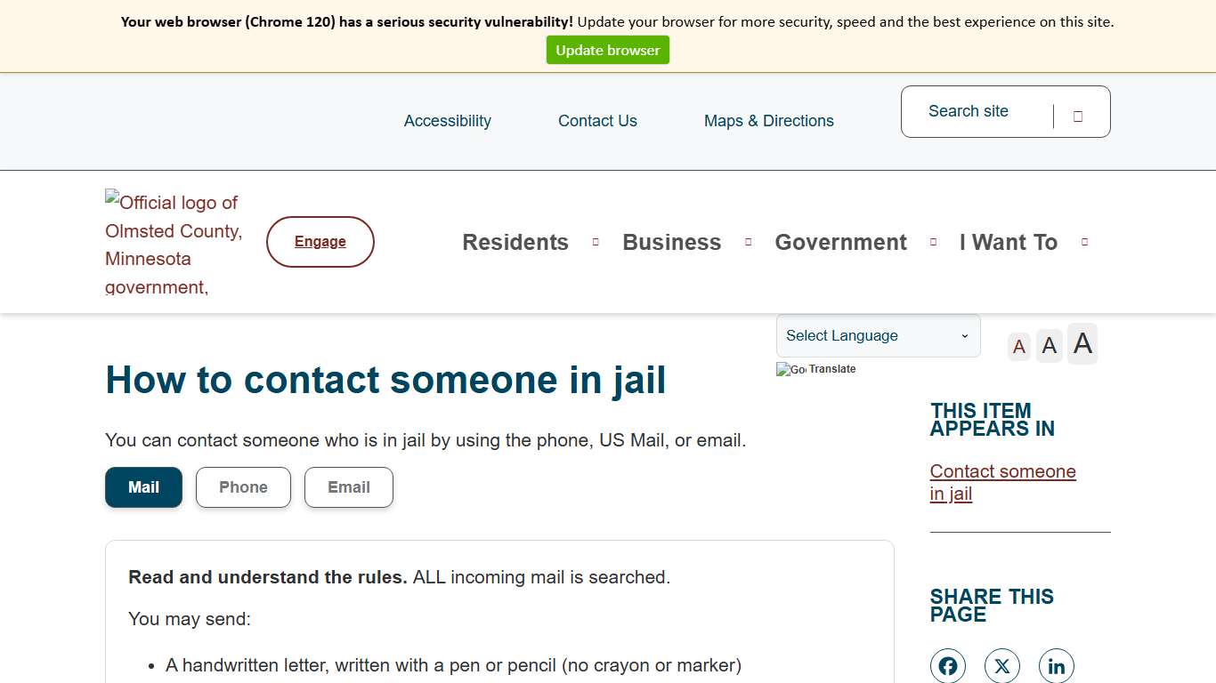 How to contact someone in jail Olmsted County, MN
